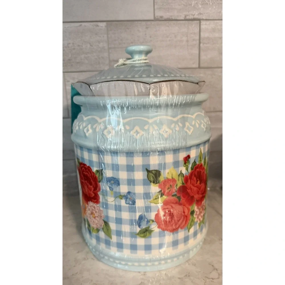 Pioneer Woman Stoneware SWEET ROSE Floral Cookie Jar Happiness Is Homemade NEW